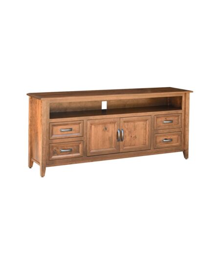The Ventura TV Stand features a clean, solid wood frame with two doors and six drawers for ample storage.