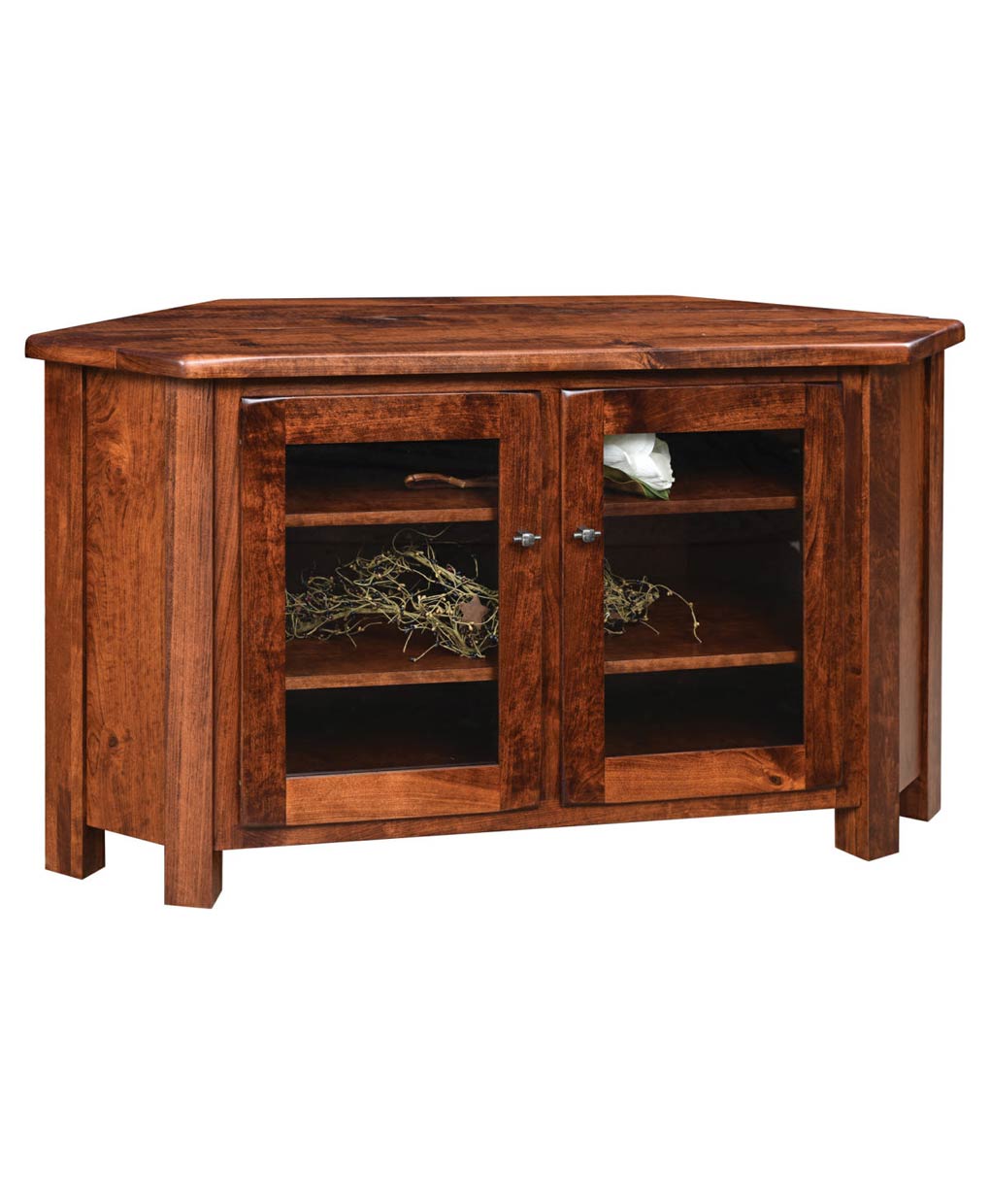 The Barn Floor Corner TV Stand offers a sturdy solid wood frame with dual glass-fronted doors, ideal for your entertainment center.
