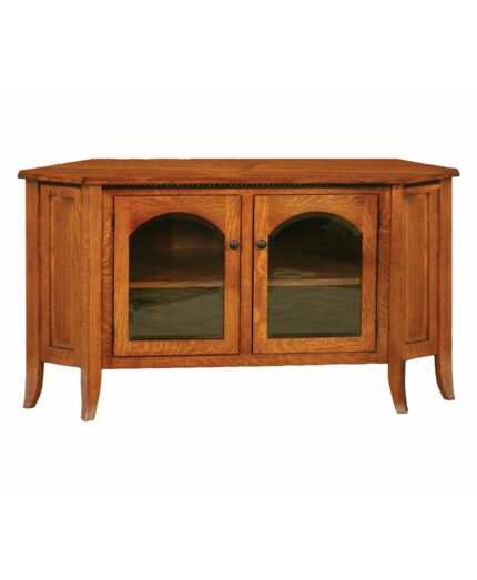 The Bunker Hill Corner TV Stand features two arched glass doors and elegant side panels.