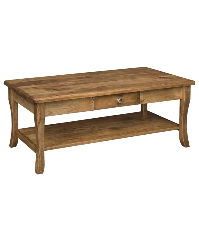 The Berkley Open Coffee Table with Drawer features a single drawer and a lower shelf, supported by elegant curved legs.
