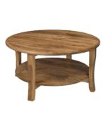 The Berkley Open Round Coffee Table features a sturdy solid wood construction with a lower shelf for added storage.
