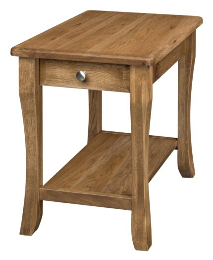The Berkley Open End Table with Drawer features graceful legs and a convenient open shelf below its single drawer.