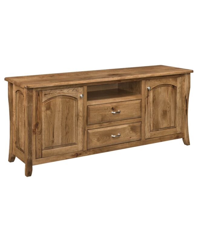 The Berkley TV Stand features arched panel doors and two drawers, offering ample media storage.