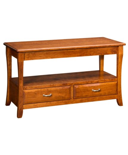 The Berkley Open Media Console features a sturdy frame with two drawers and an open shelf for media storage.