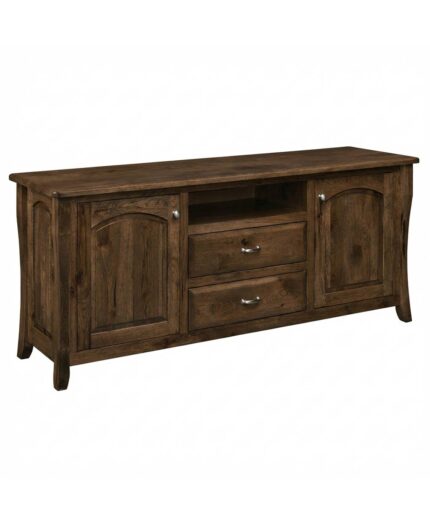 The Berkley TV Stand features arched cabinet doors and two stacked drawers, offering ample storage for your media.