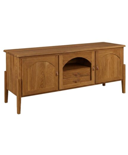 The Century Media Console features arched doors and two drawers below an open arched shelf.