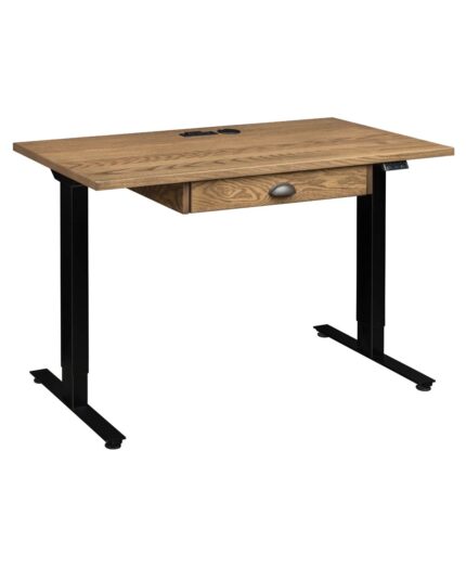 The Alexis Lift Desk features a solid wood top with a single drawer and sleek black legs for a modern sit-to-stand workstation.