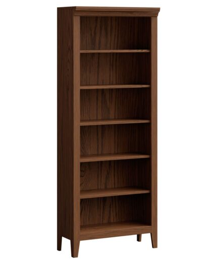 The Ashton Modular Bookcase is a sturdy, solid wood bookcase featuring six open shelves, a simple frame, and elegant top molding.