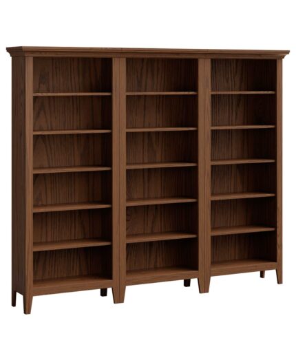 The Ashton Modular Bookcase is a three-section bookcase with multiple shelves and a simple, classic frame with a top molding.