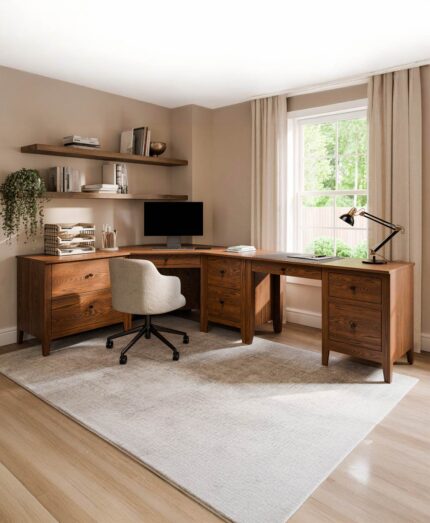 This Ashton Modular Corner Desk is a solid wood L-shaped office desk with multiple drawers and a simple, sturdy frame.