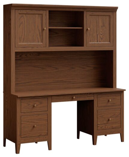 The Ashton Credenza Desk is a solid wood office desk with a hutch, featuring four paneled doors and six drawers for ample storage.