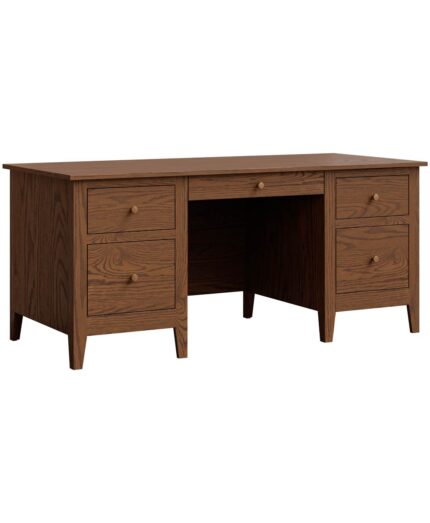 The Ashton Executive Desk offers ample storage with its six drawers and central open shelf, all supported by sturdy tapered legs.