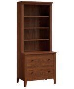 This Ashton Lateral File Cabinet is a solid wood piece with an upper bookshelf featuring three open shelves and a lower cabinet with two drawers.