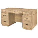 This Bordeaux Double Pedestal Desk features a flat top, two pedestals, and a total of seven drawers, ideal for an office.
