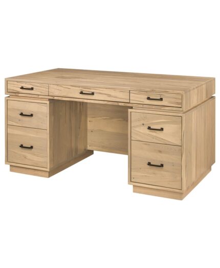 This Bordeaux Double Pedestal Desk features a flat top, two pedestals, and a total of seven drawers, ideal for an office.