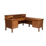 This Centennial Corner L-Desk is a solid wood office desk with a hutch that features two small drawers and a row of mail slots.