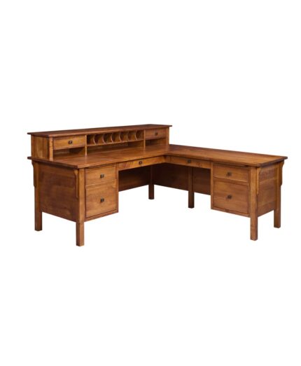 This Centennial Corner L-Desk is a solid wood office desk with a hutch that features two small drawers and a row of mail slots.