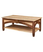 The Kensing Open Coffee Table with Drawer features a lower shelf and a central drawer with decorative arched supports.