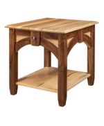 The Kensing Open End Table with Drawer features arched supports and a lower shelf. This solid wood accent table includes one drawer.