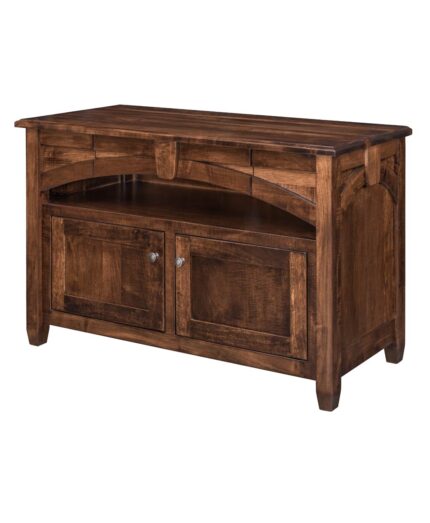 The Kensing Media Console with Drawer features a central arched opening and two cabinet doors.