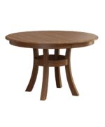 The Kalispell Pedestal Table features a round top and a unique base with curved legs and a caged center structure.