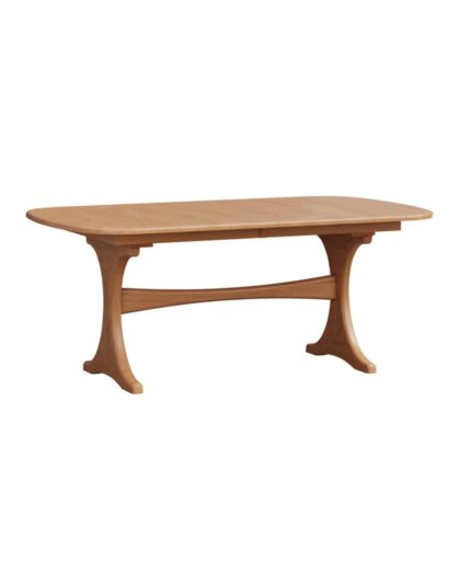 The Kirkland Trestle Table features a solid wood construction with elegant, curved trestle legs and a connecting stretcher for a sturdy dining experience.