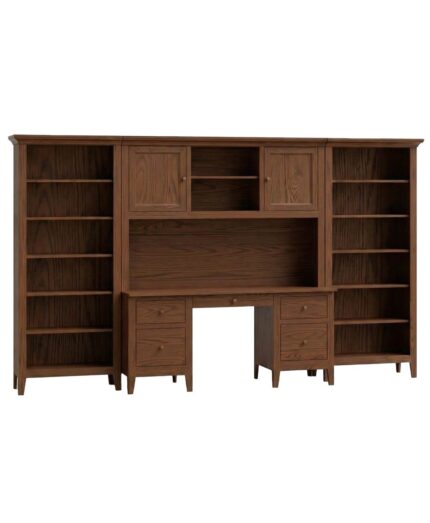 The Ashton Credenza Desk is a solid wood office desk and bookcase combination with upper cabinets, open shelves, and multiple drawers.