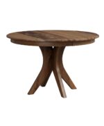 The Huntley Pedestal Table features a unique, curved pedestal base supporting a round top, perfect for dining.