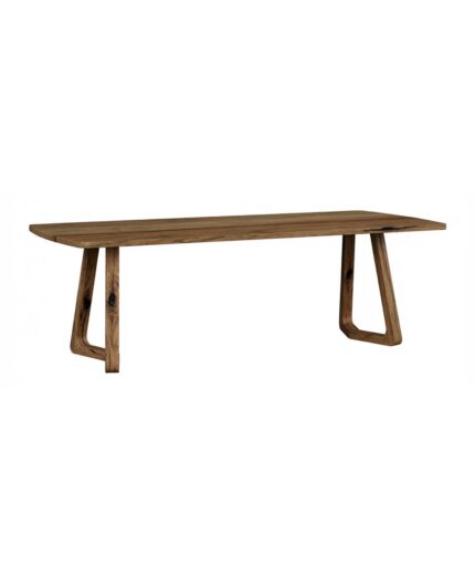 The Vandalia Trestle Table features a solid wood top with a live edge and striking U-shaped legs.