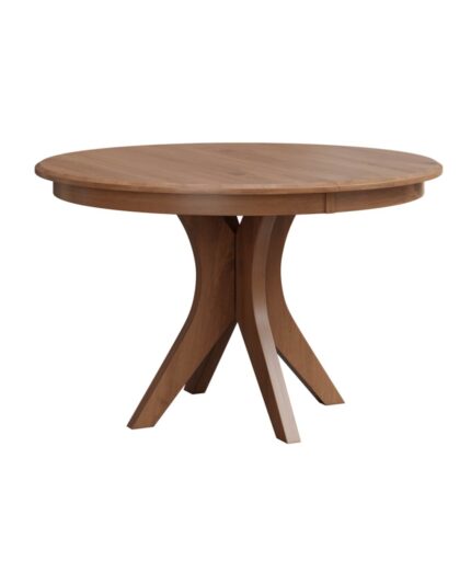 The Huntley Pedestal Table features a round top and a striking base with gracefully curved legs.