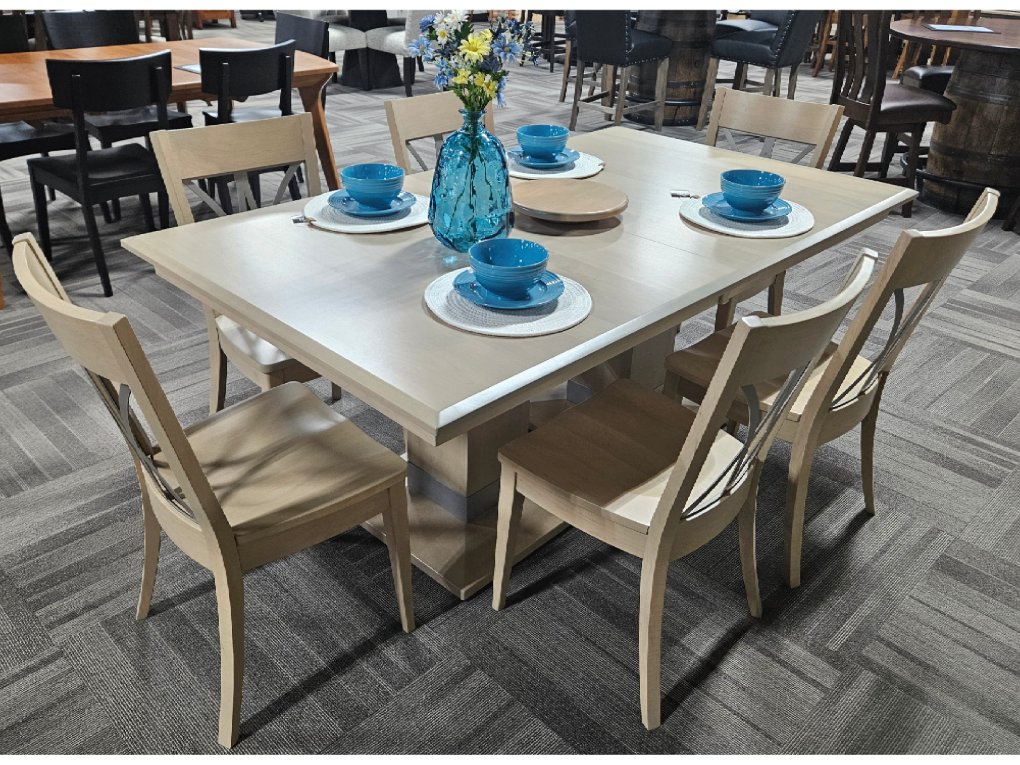 This handcrafted solid wood Alcoe Double Pedestal Table and North Star Chairs set features sleek, modern dining lines.