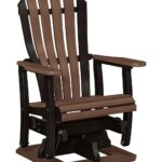 The Lincoln Poly Swivel Glider features a slatted back, comfortable armrests, and a sturdy base for smooth outdoor motion.