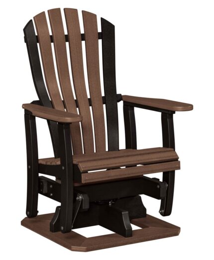 The Lincoln Poly Swivel Glider features a slatted back, comfortable armrests, and a sturdy base for smooth outdoor motion.