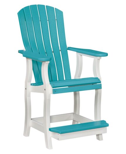 The Addison Poly Counter Chair features a tall, vertical slat back with curved arms and a built-in footrest for comfort.