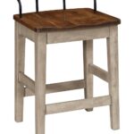 The Kayleen Bar Stool features a solid wood seat, sturdy square legs with stretchers, and a sleek metal back rail.
