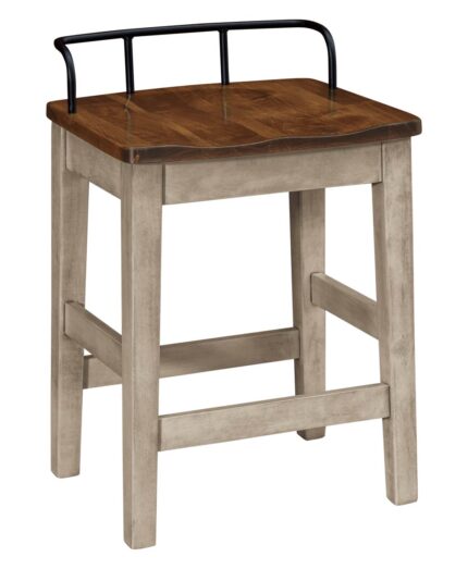 The Kayleen Bar Stool features a solid wood seat, sturdy square legs with stretchers, and a sleek metal back rail.