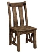 This handcrafted solid wood Vegas Rough Sawn Dining Chair features vertical back slats and rustic X-brace leg supports.