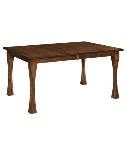 The Berkley Leg Table is a solid wood dining table with a rectangular top and four curved, tapered legs.