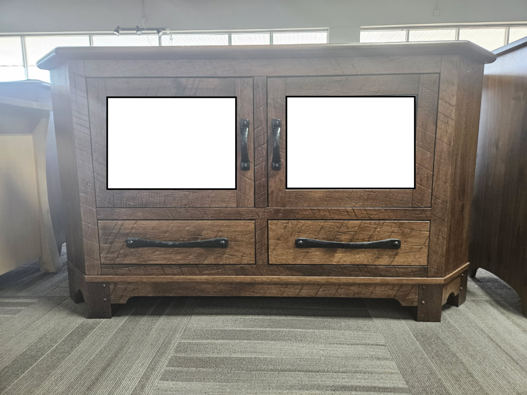 This handcrafted Farmhouse Corner TV Stand in clearance features dual doors and drawers with a rustic, textured design.