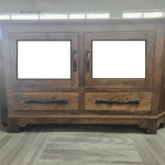 This handcrafted Farmhouse Corner TV Stand in clearance features dual doors and drawers with a rustic, textured design.